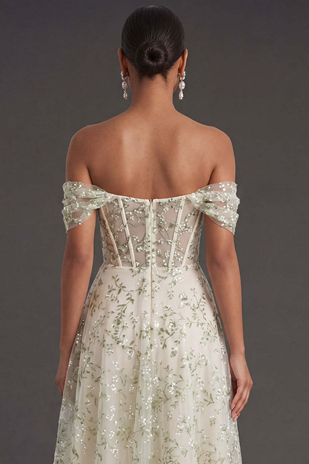 Light Green Floral A Line Corset Off the Shoulder Long Formal Dress