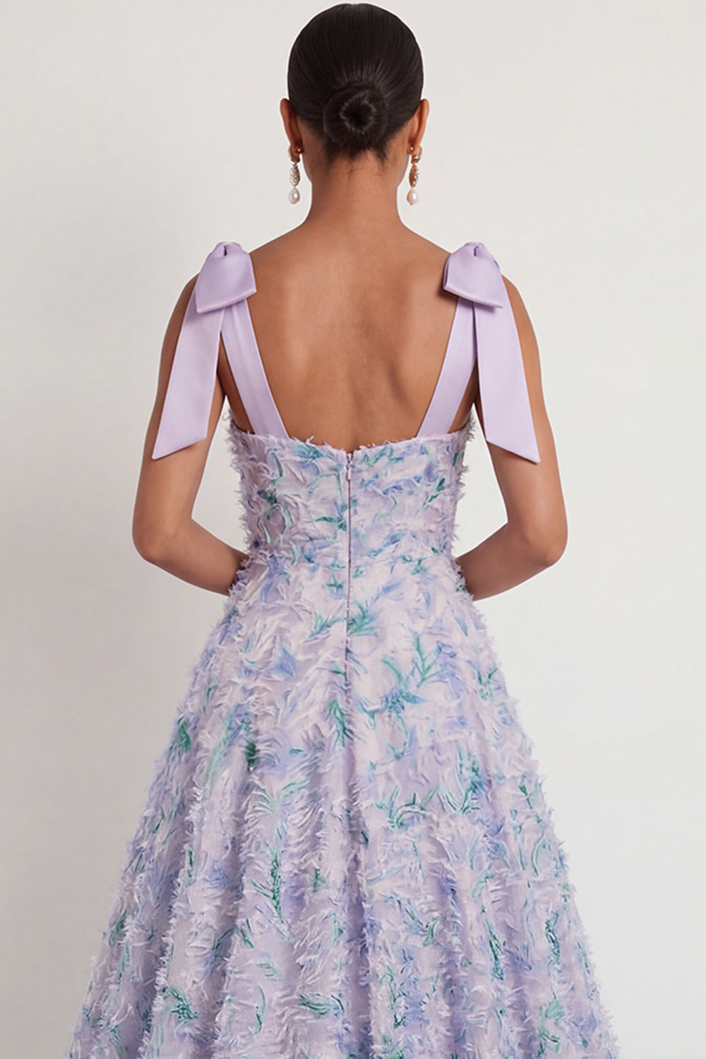 Light Purple Floral Thick Straps High Low Wedding Guest Dress with Bow