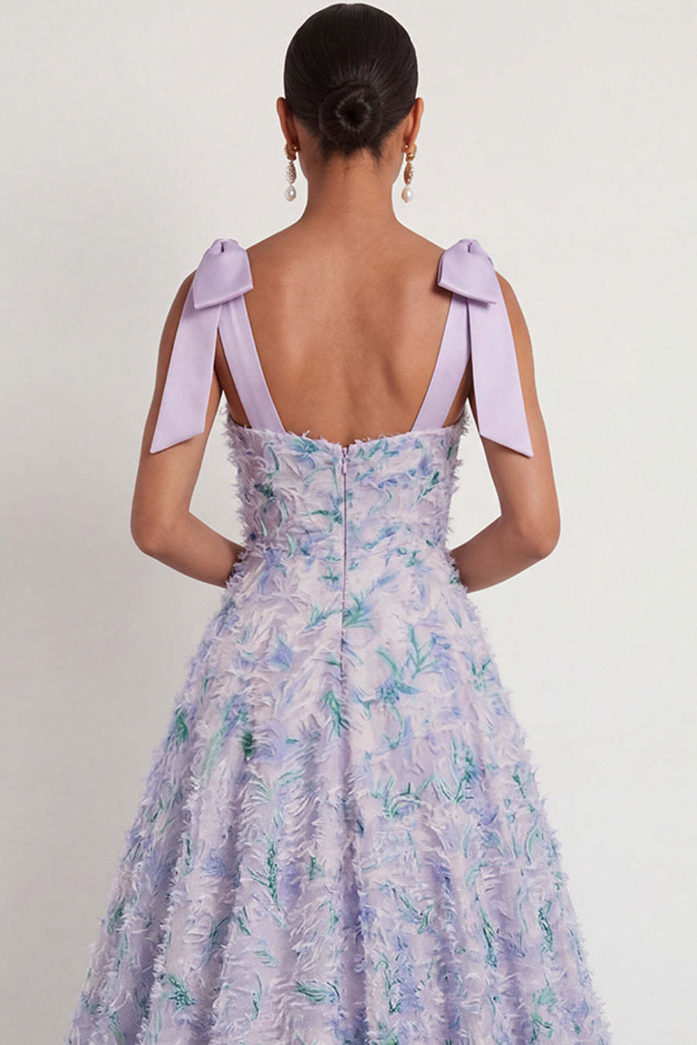 Light Purple Floral Thick Straps High Low Wedding Guest Dress with Bow