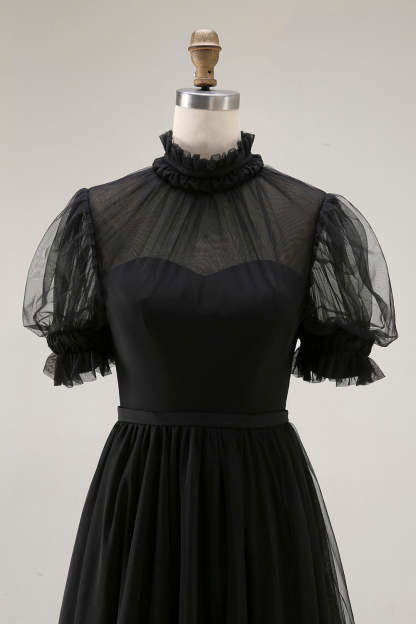 Black Long High Neck Plus Size A Line Formal Dress with Sleeves