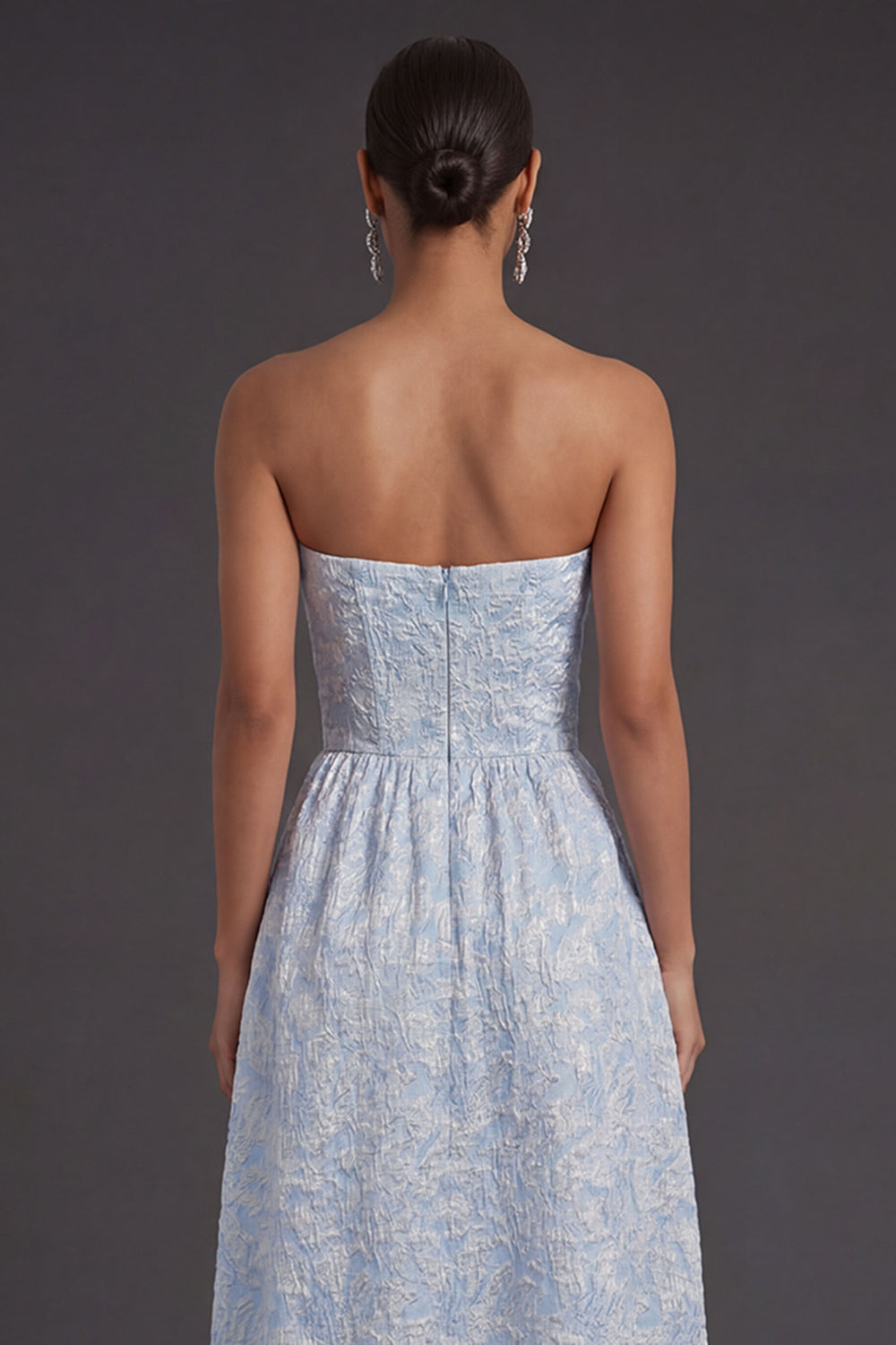 Jacquard Blue Floral A Line Backless Long Formal Dress