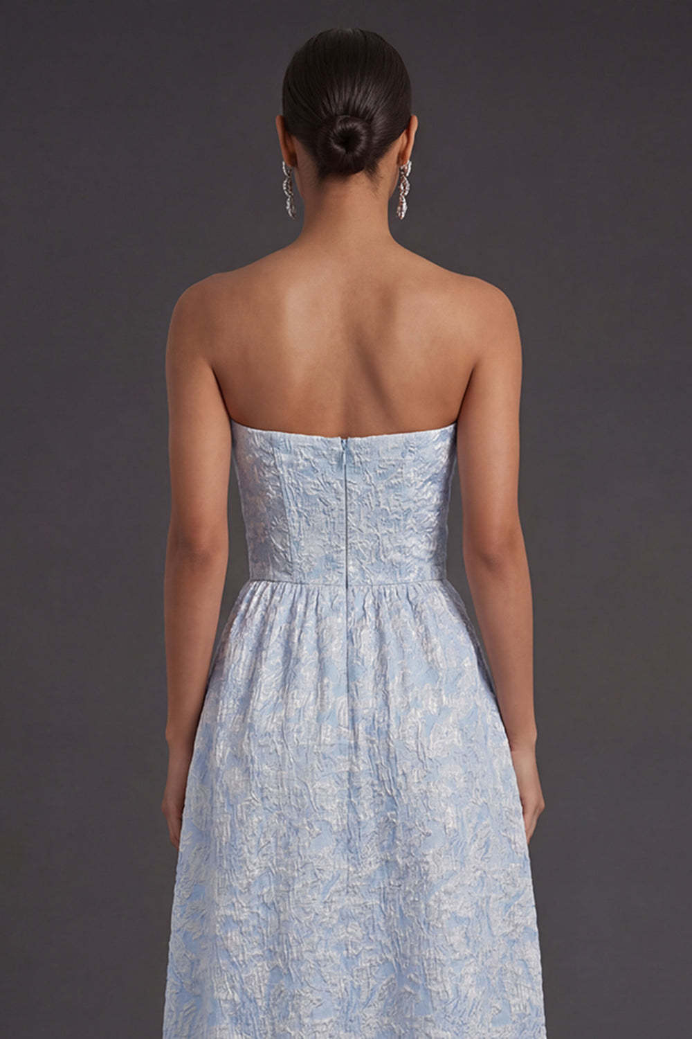 Jacquard Blue Floral A Line Backless Long Formal Dress