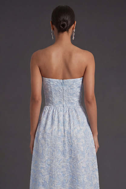 Jacquard Blue Floral A Line Backless Long Formal Dress