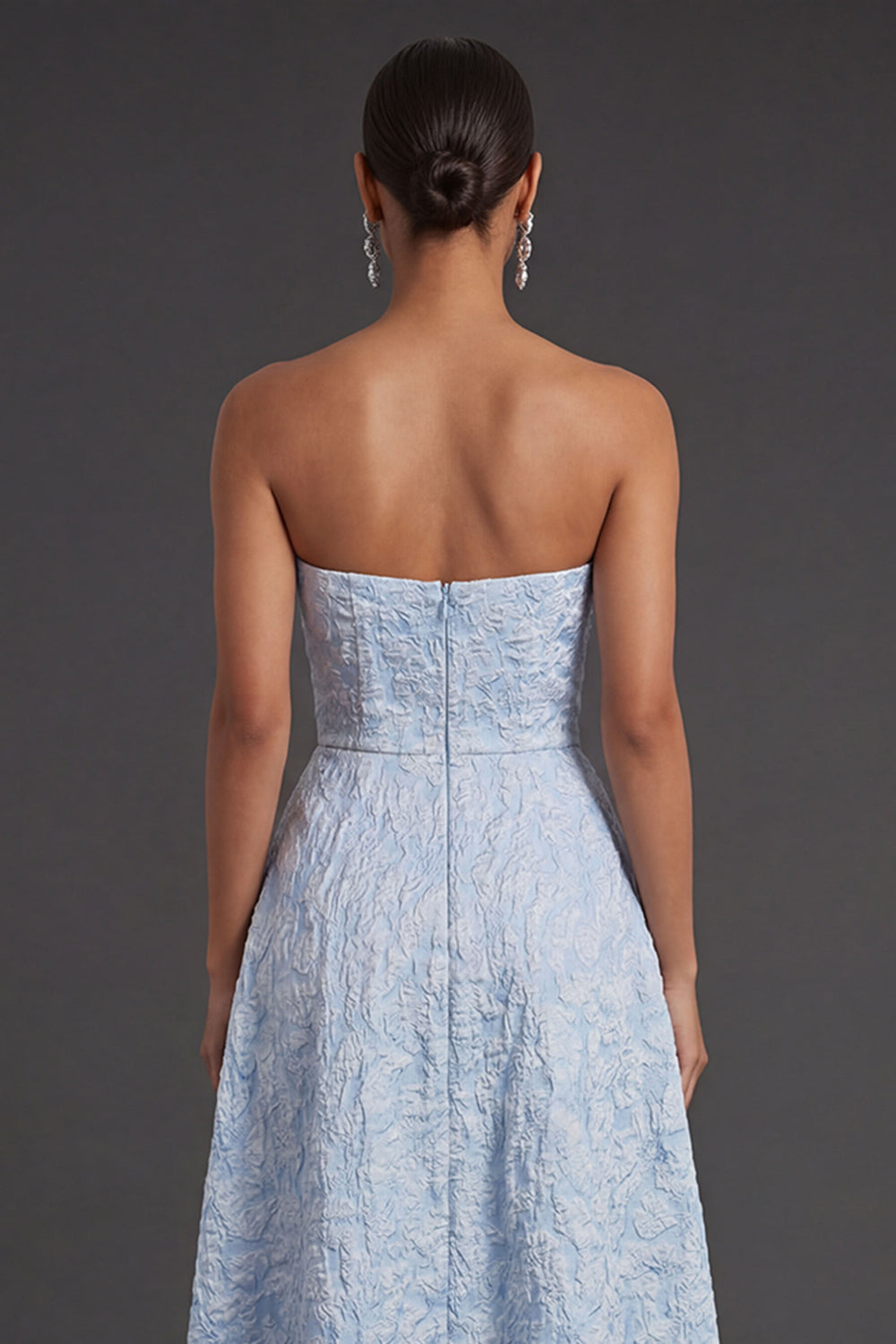 Sweetheart Blue Jacquard Floral A Line Long Formal Dress with Slit