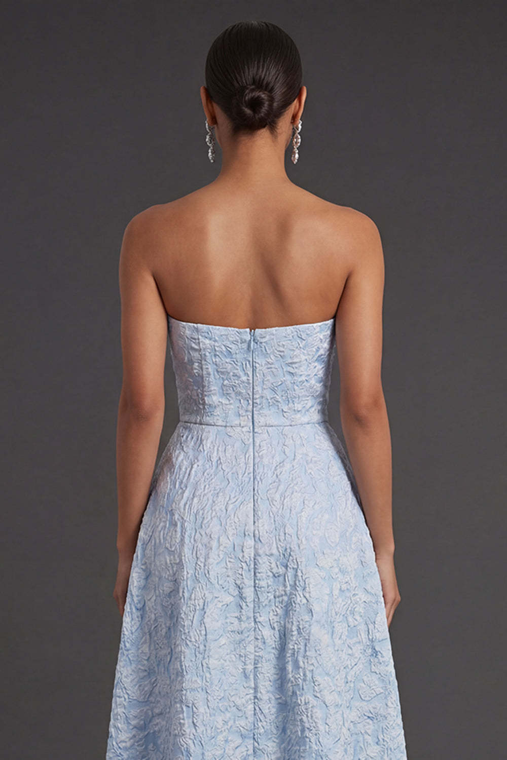 Sweetheart Blue Jacquard Floral A Line Long Formal Dress with Slit