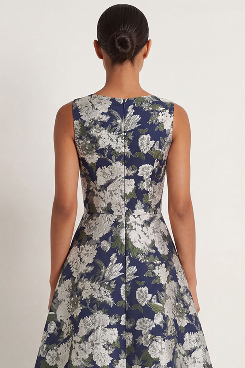 Floral Navy A Line Round Neck Long Formal Dress
