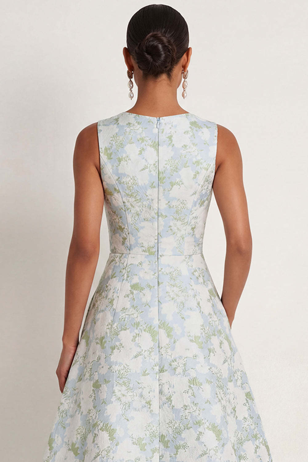 White Blue Floral A Line Round Neck Long Formal Dress