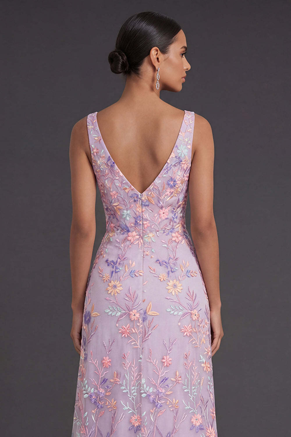 Lilac Floral A Line V Neck Embroidered Floral Long Formal Dress