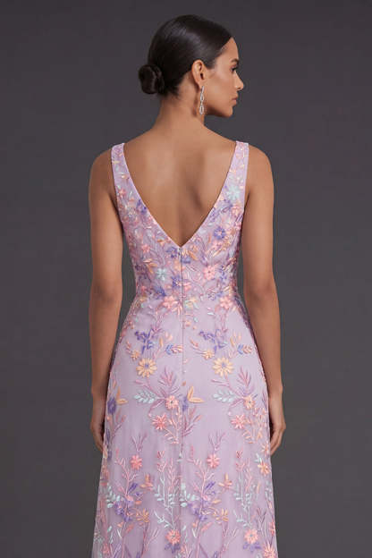 Lilac Floral A Line V Neck Embroidered Floral Long Formal Dress
