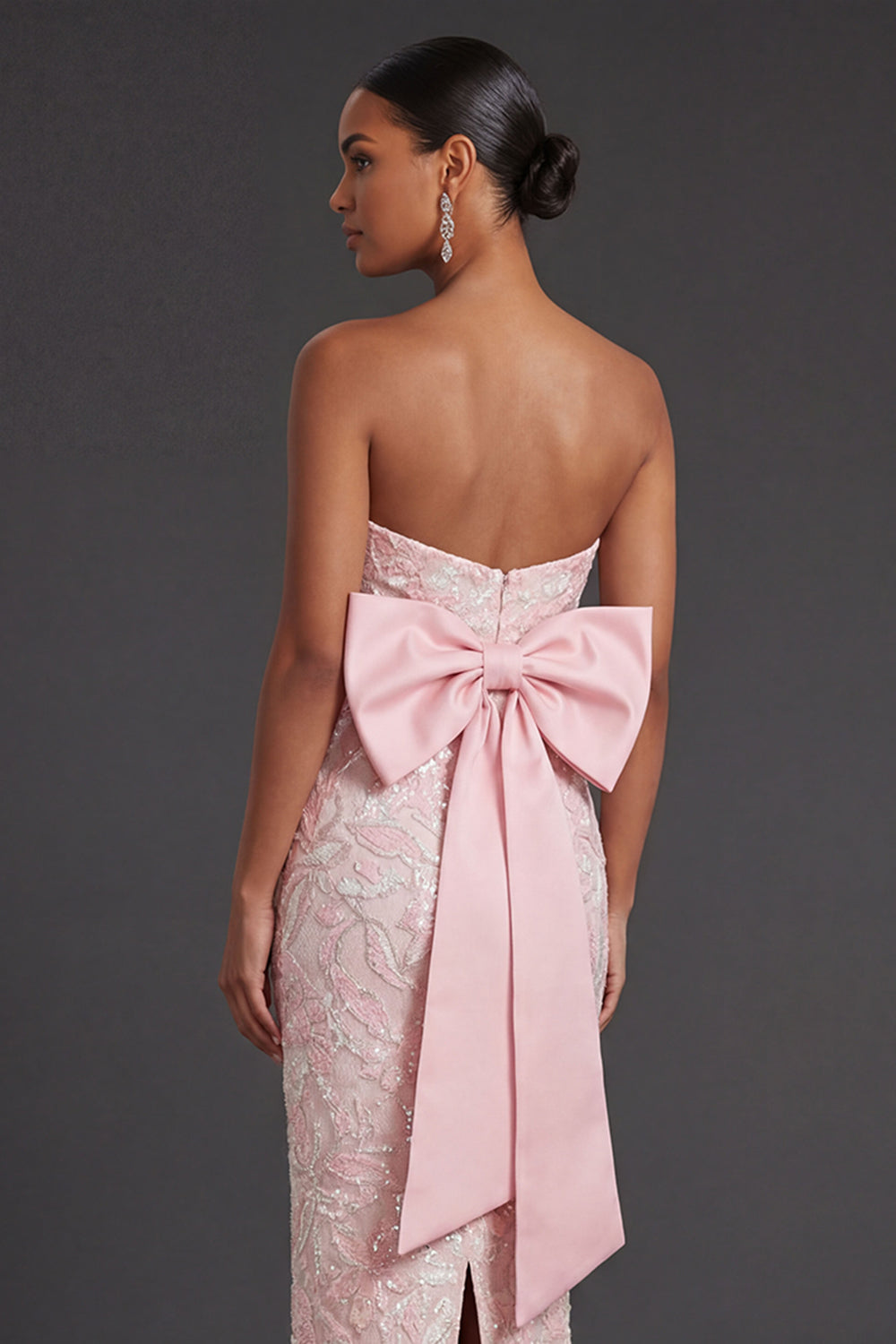 Pink Floral Jacquard Strapless Sheath Appliqued Long Formal Dress