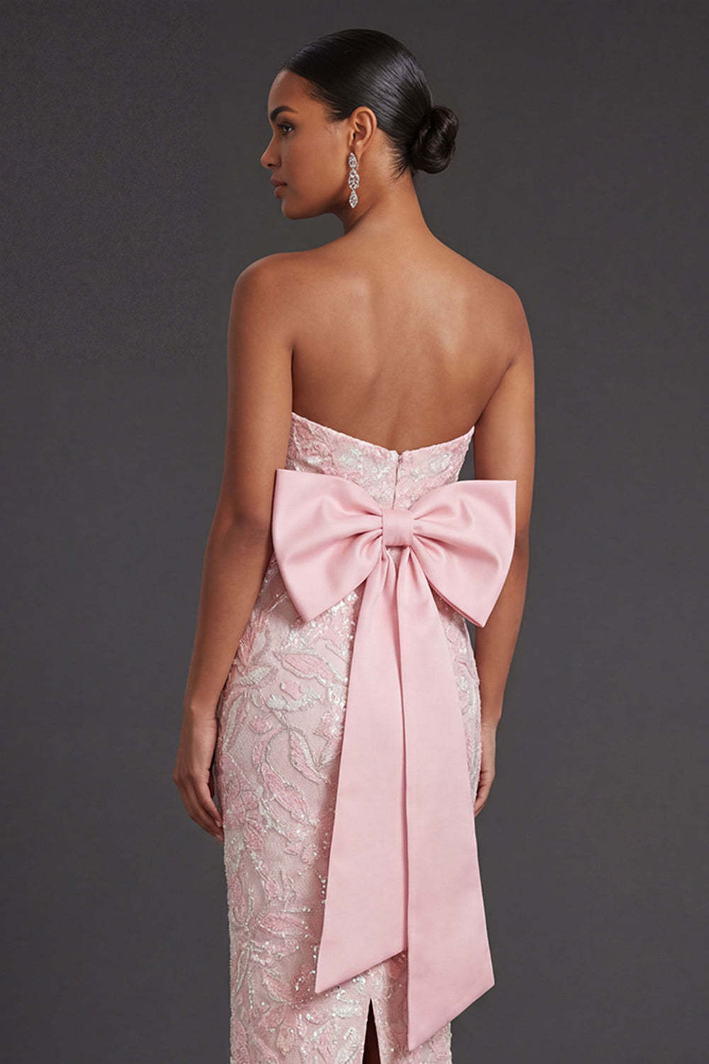 Pink Floral Jacquard Strapless Sheath Appliqued Long Formal Dress