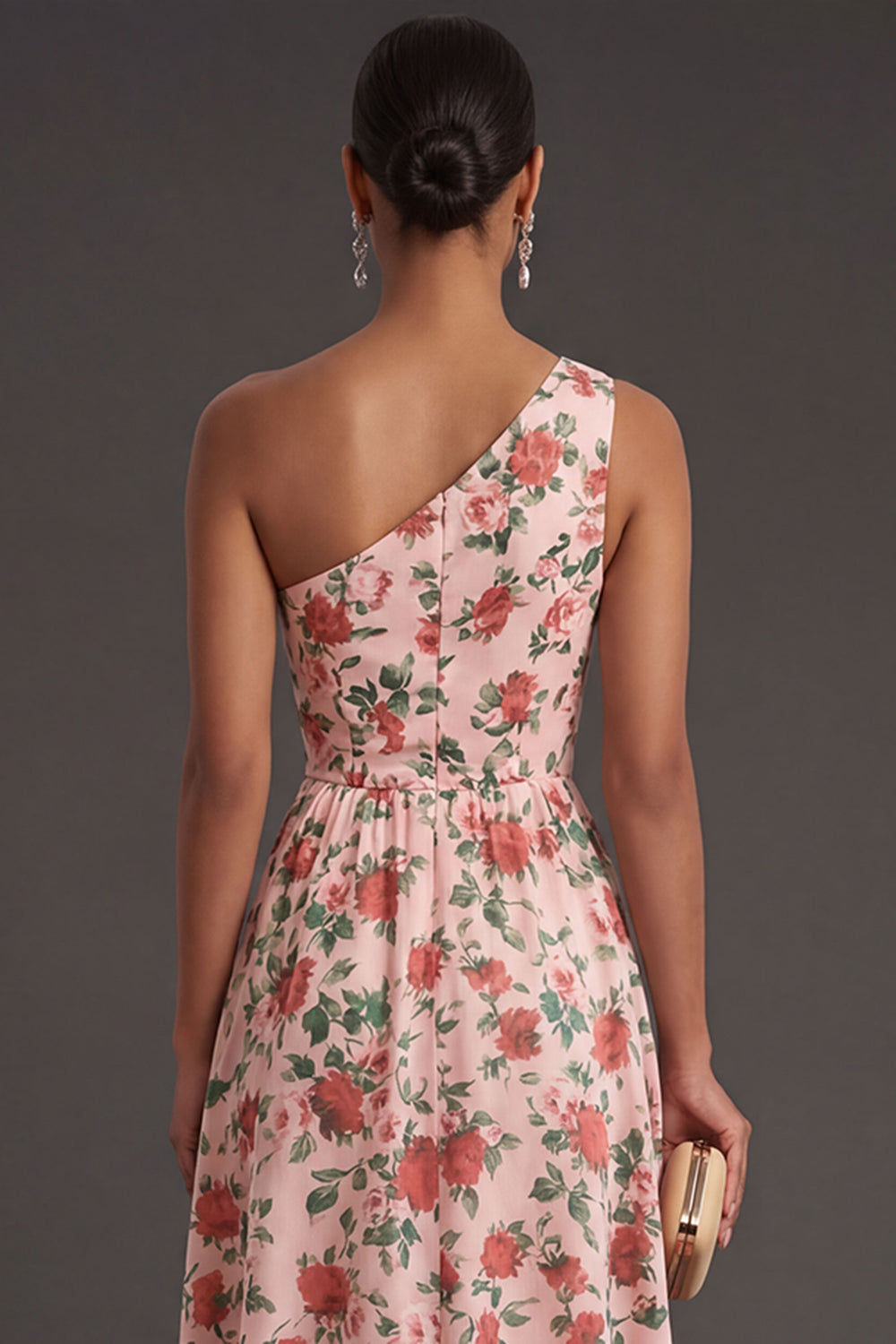 Pink Red Floral One Shoulder A Line Long Formal Dress
