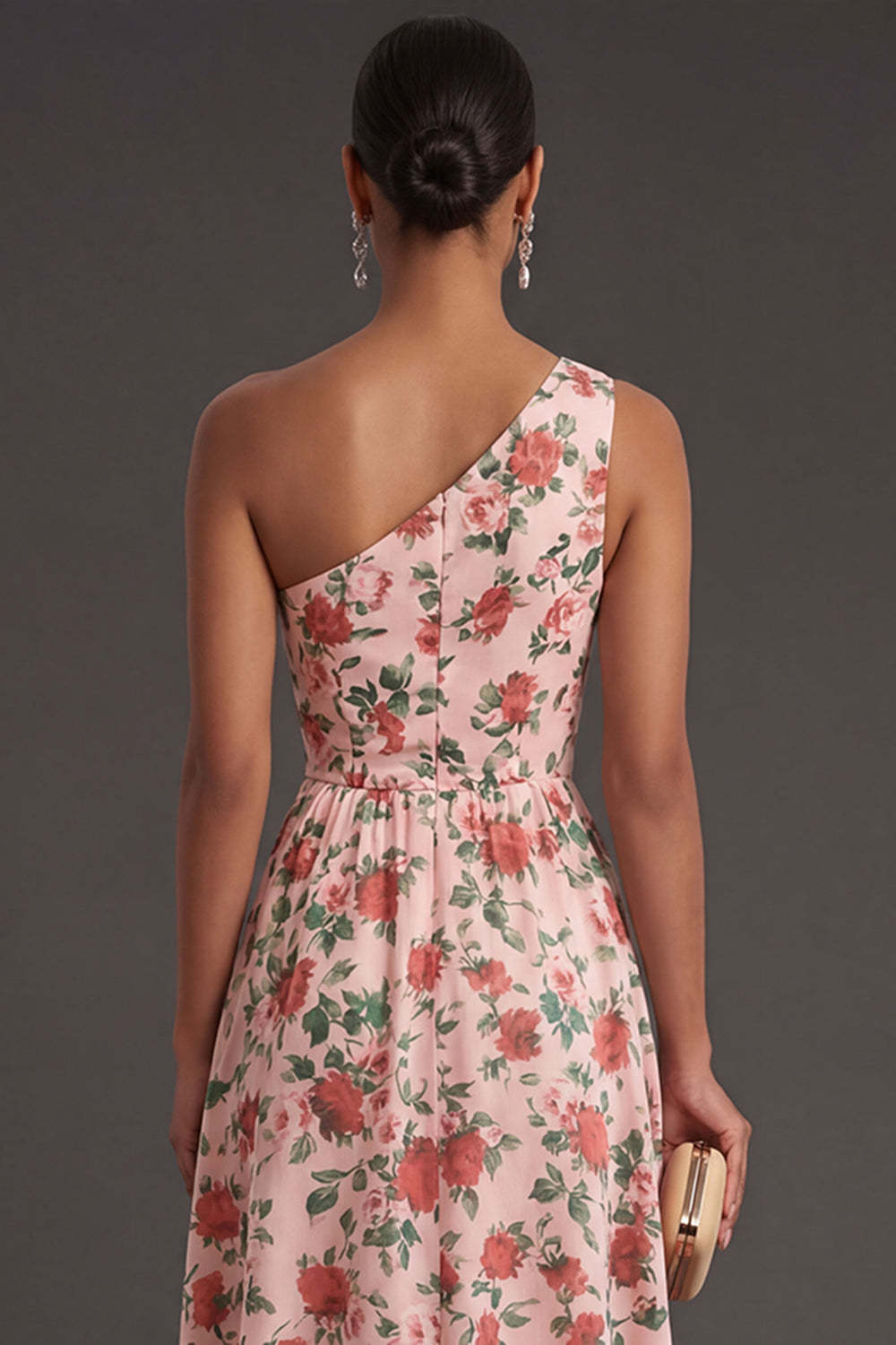 Pink Red Floral One Shoulder A Line Long Formal Dress