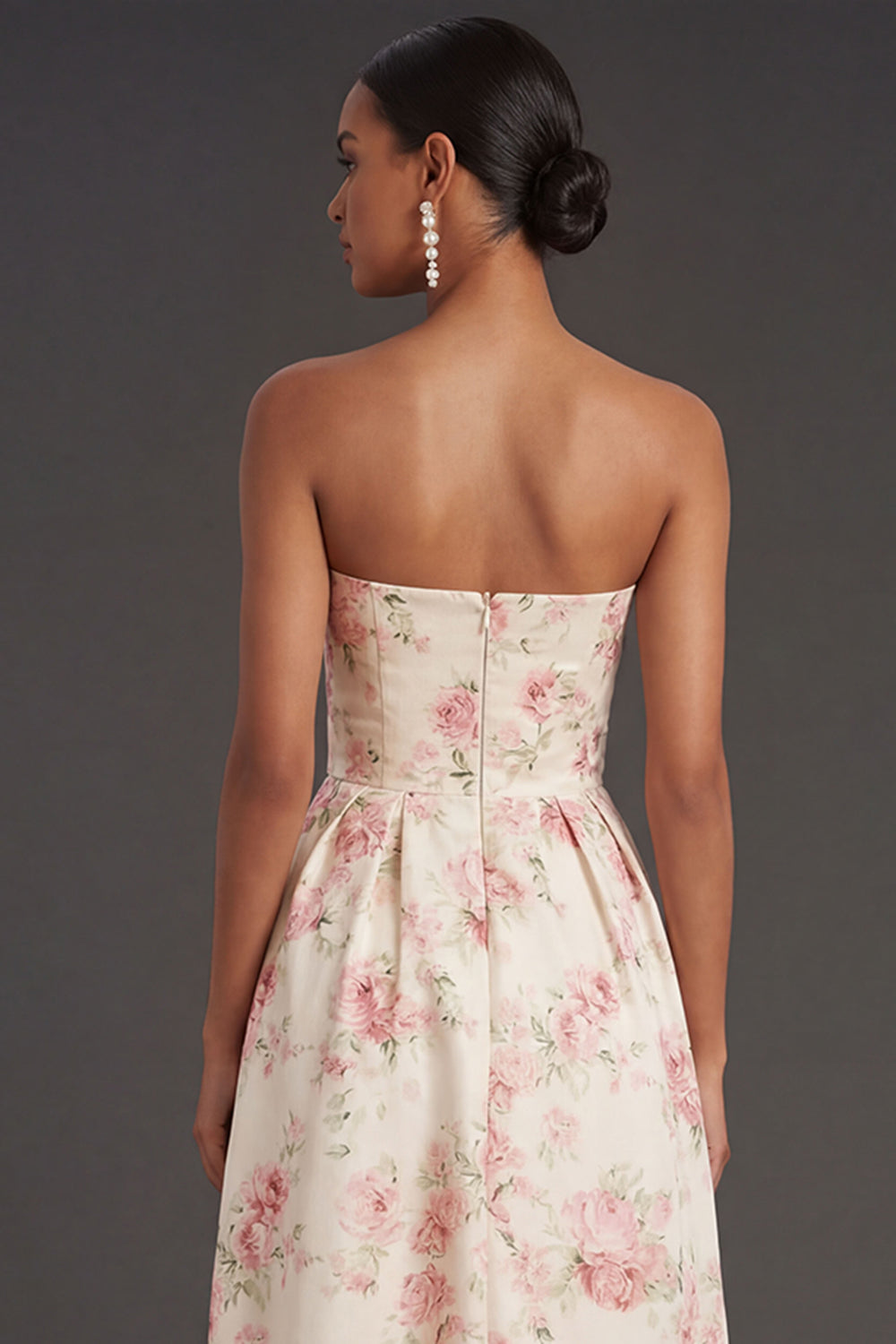 White Pink Floral Ruffled Strapless Backless High Low Formal Dress