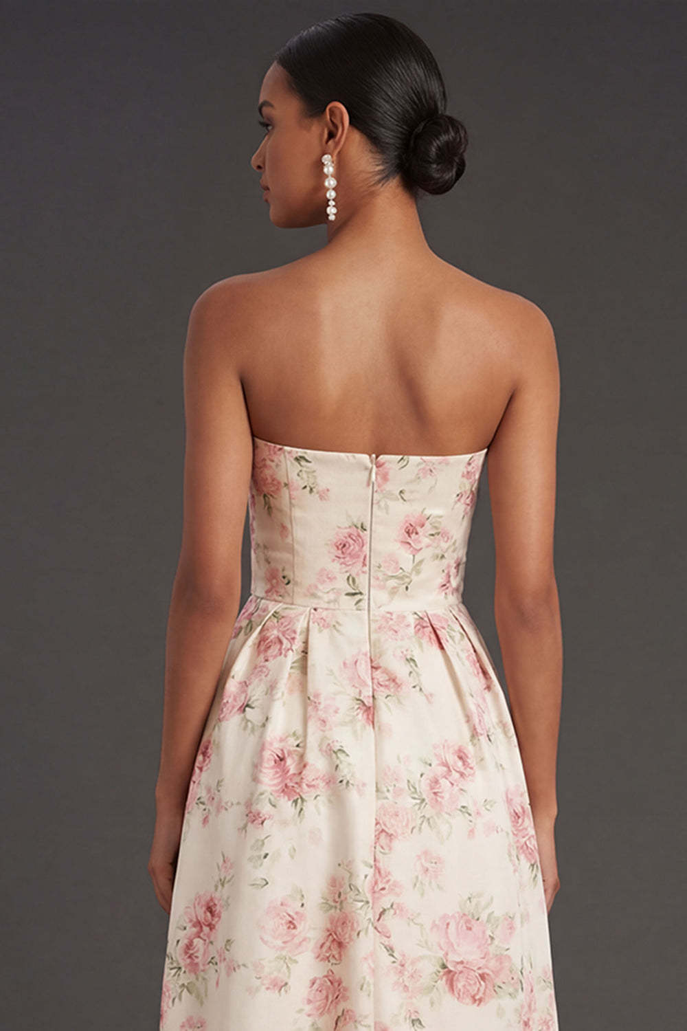 White Pink Floral Ruffled Strapless Backless High Low Formal Dress