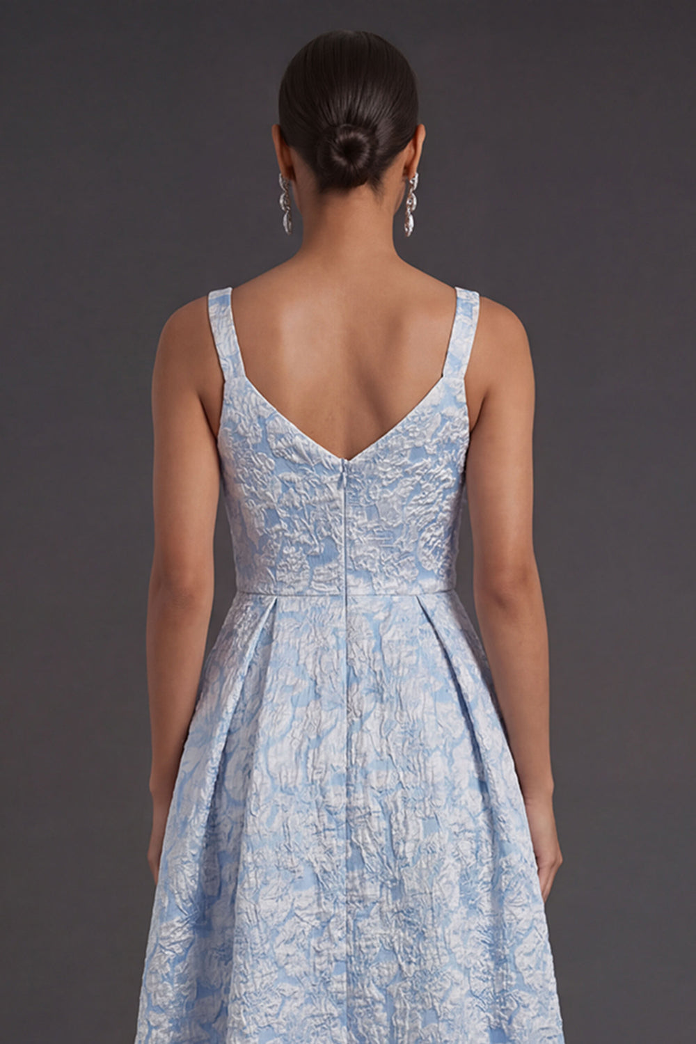 Blue Jacquard Floral Thick Straps A Line Midi Formal Dress