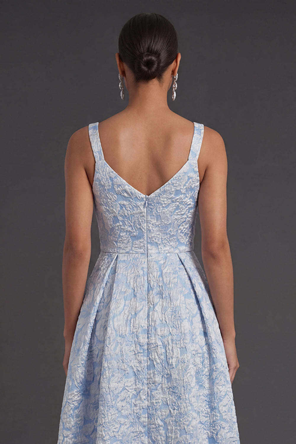 Blue Jacquard Floral Thick Straps A Line Midi Formal Dress