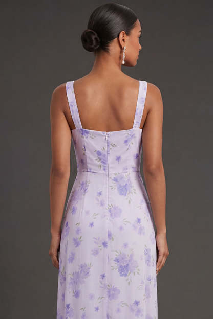 Floral Lilac Thick Straps Sheath Long Formal Dress with Slit