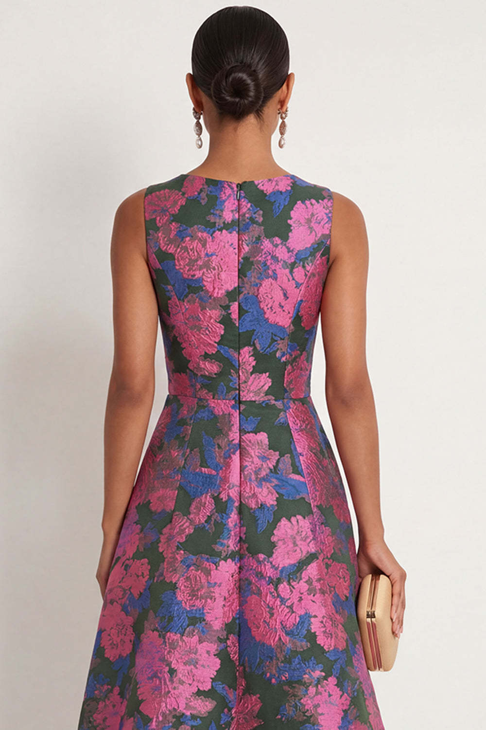 A Line Fuchsia Floral Round Neck Sleeveless Long Formal Dress