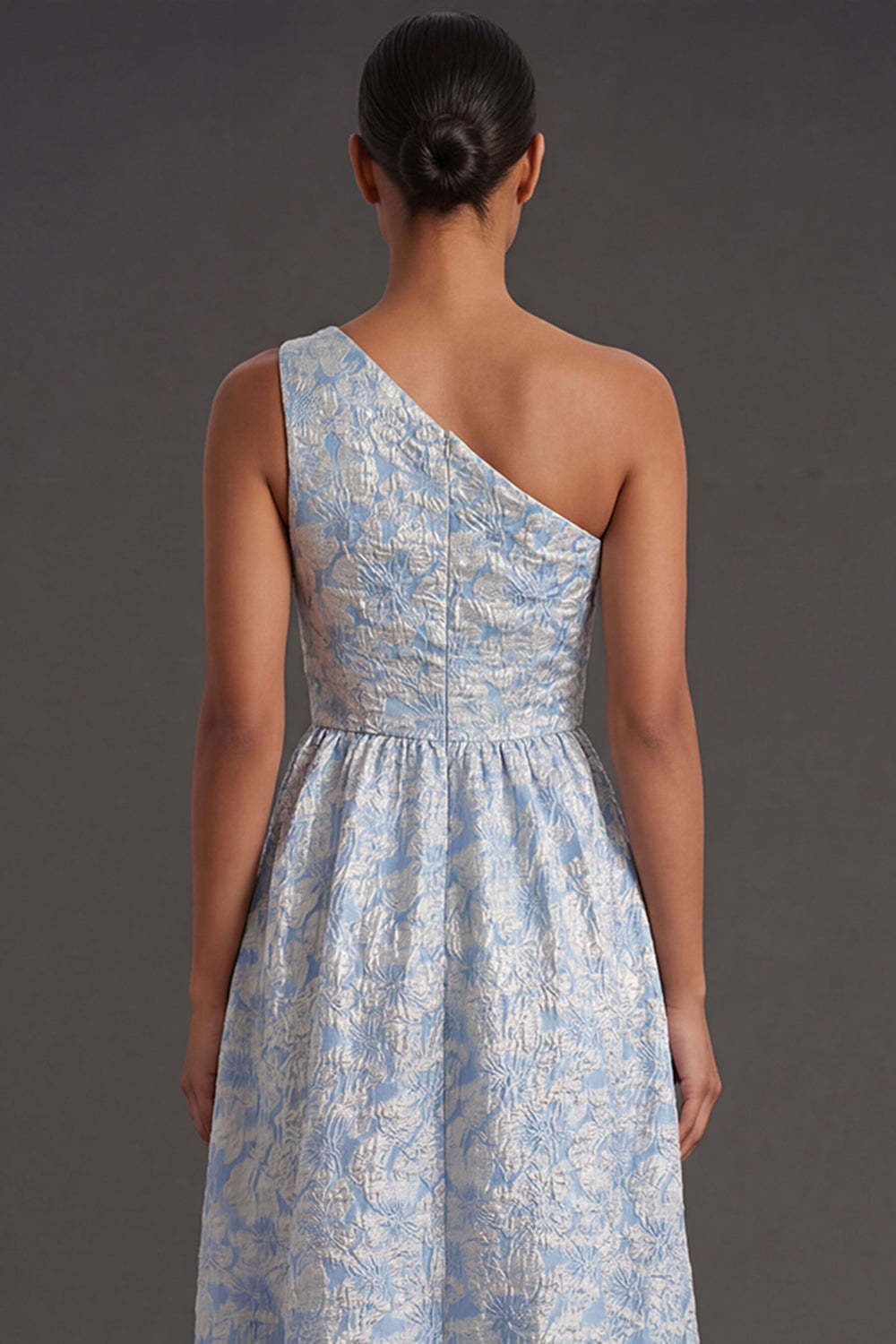 Blue Floral Jacquard A Line One Shoulder Long Formal Dress