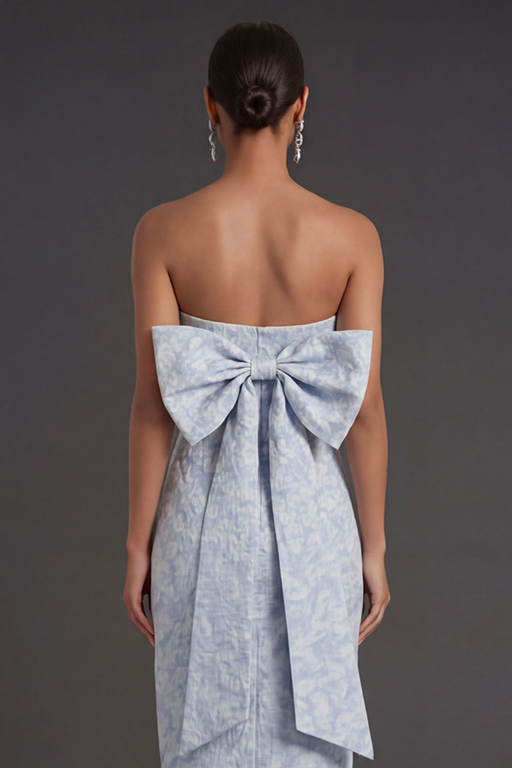 Sheath Blue Jacquard Floral Strapless Long Formal Dress with Slit