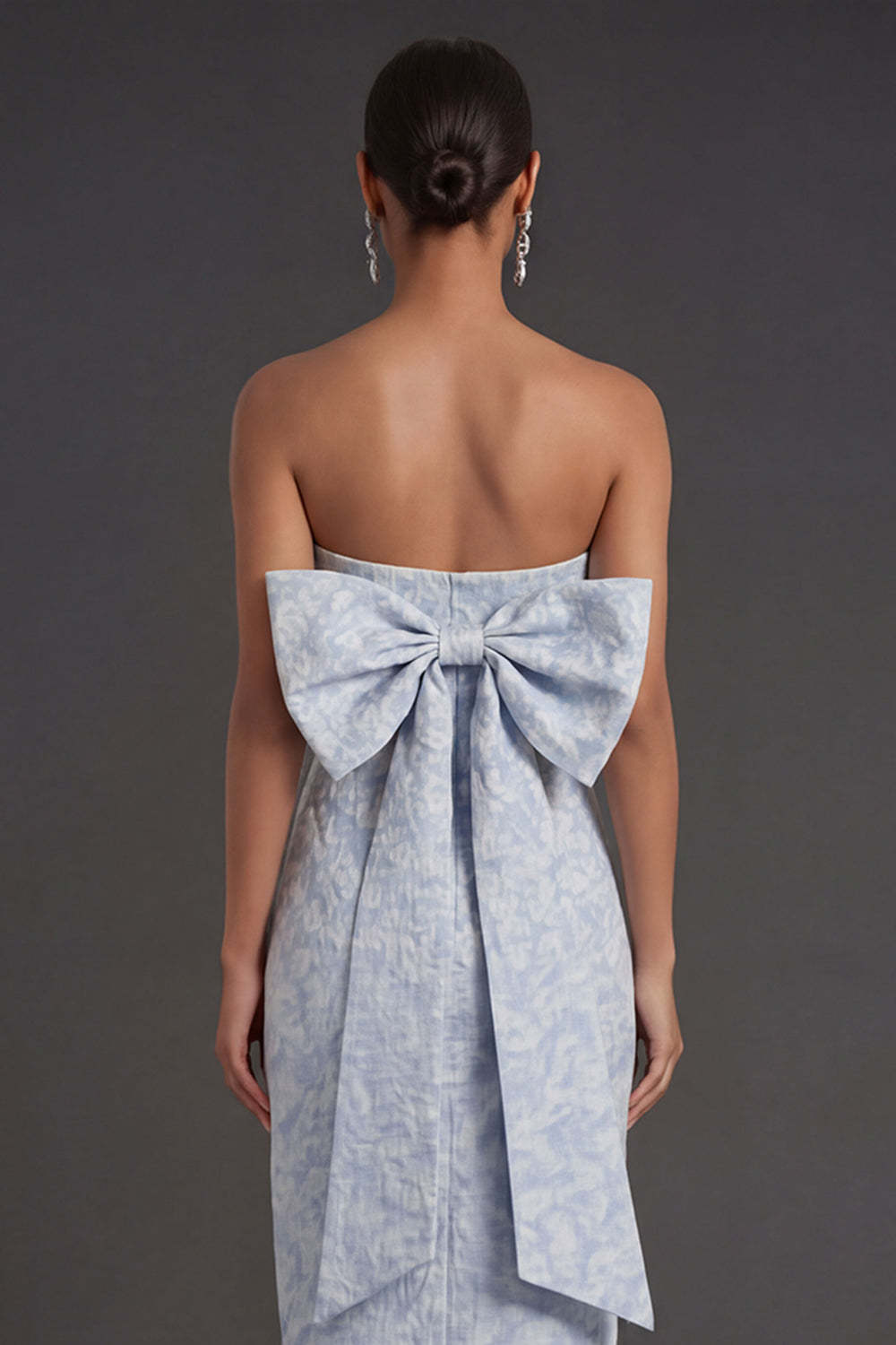 Sheath Blue Jacquard Floral Strapless Long Formal Dress with Slit