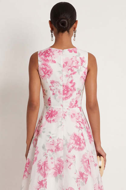 White Fuchsia Floral A Line Round Neck Long Formal Dress