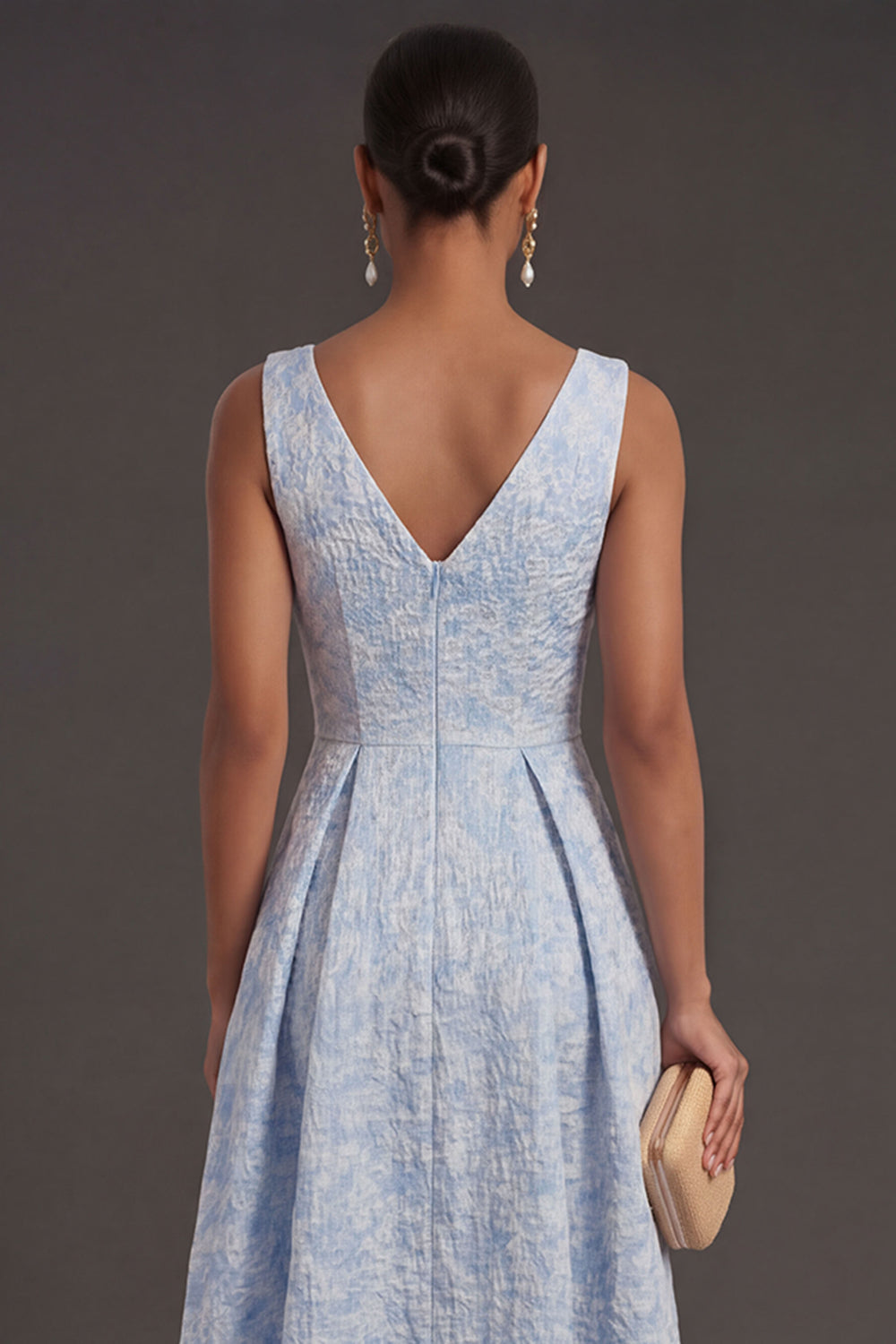 Blue Jacquard Floral A Line V Neck Long Formal Dress