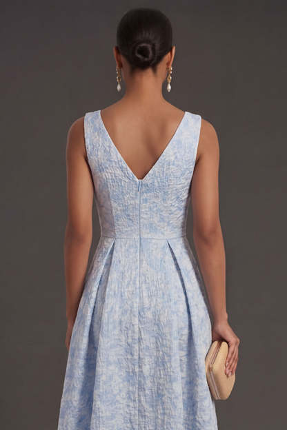 Blue Jacquard Floral A Line V Neck Long Formal Dress