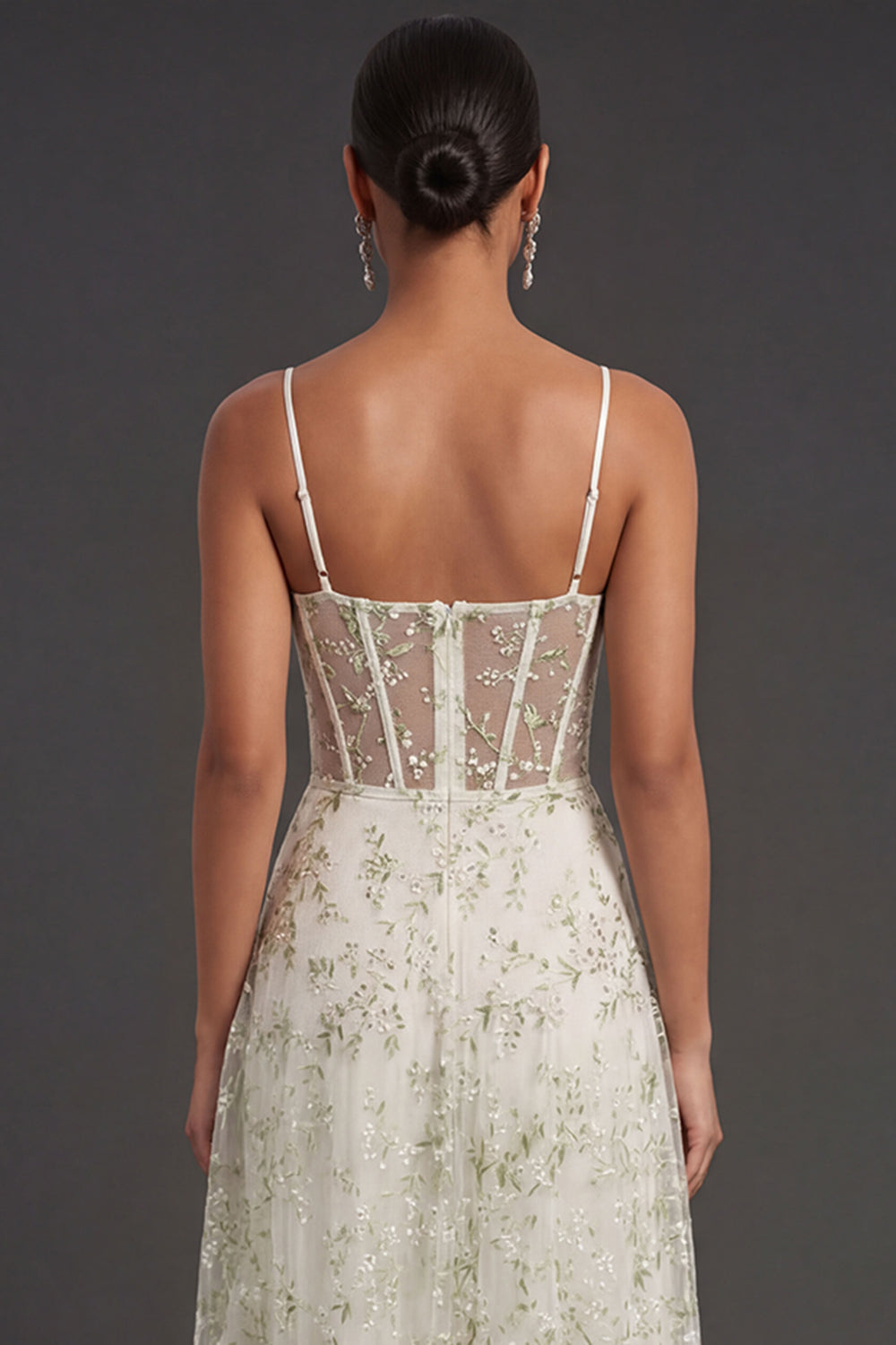 Light Green Floral Corset Spaghetti Straps Long Formal Dress