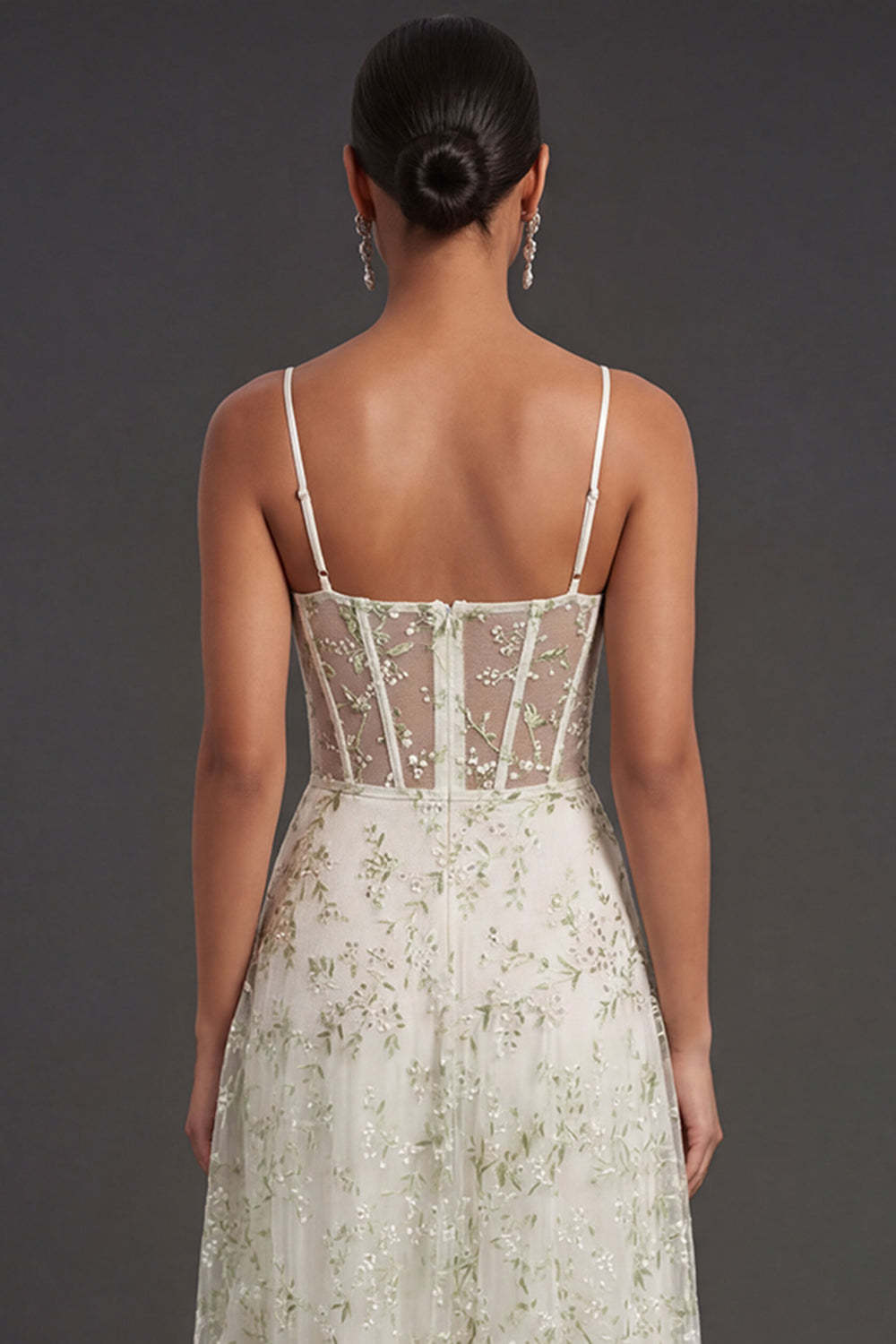 Light Green Floral Corset Spaghetti Straps Long Formal Dress