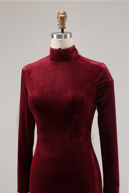 Cabernet High Neck Sweep Train Velvet Mermaid Formal Dress with Sleeves