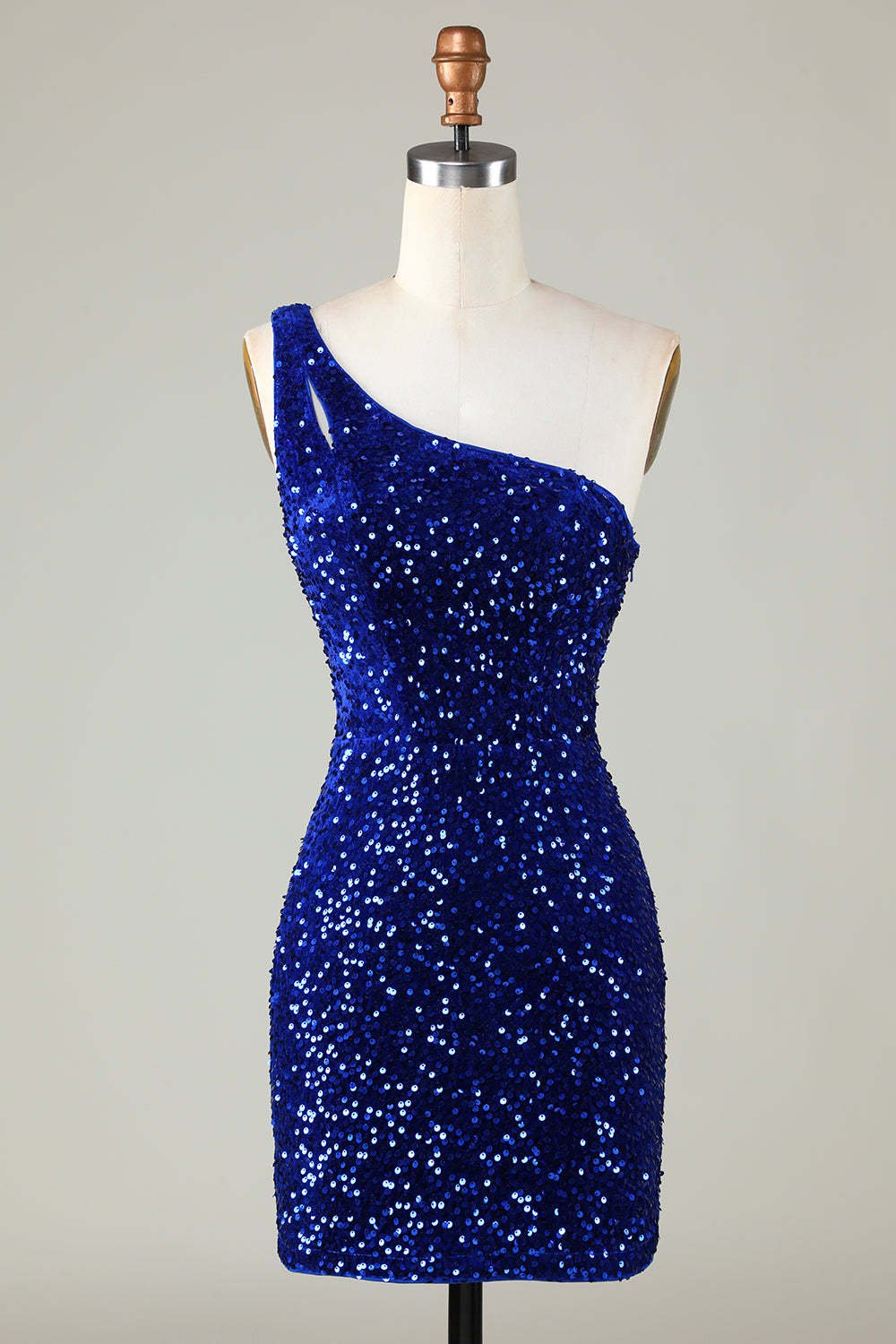 LEELY Sequins One Shoulder Sleeveless Royal Blue Tight Short Homecoming Dresses