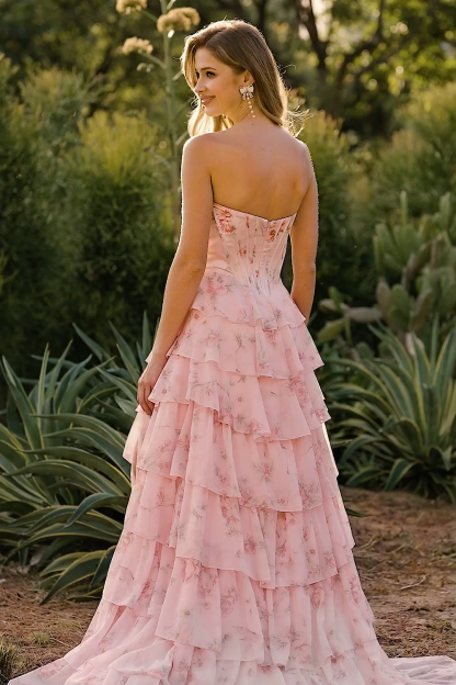 Floral Blue Ruffled Tiered Maxi Corset Prom Dress with Slit