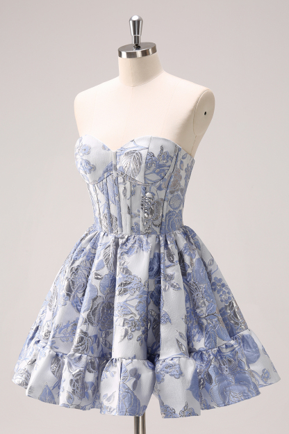 Blue Strapless Corset A-Line Floral Homecoming Dress