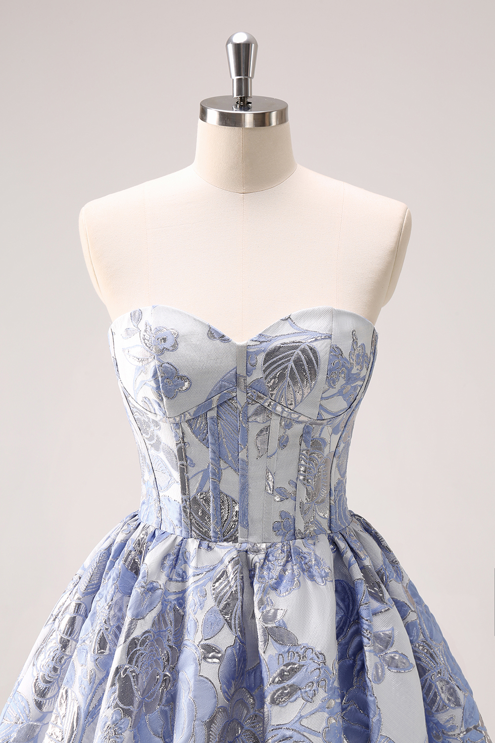 Blue Strapless Corset A-Line Floral Homecoming Dress