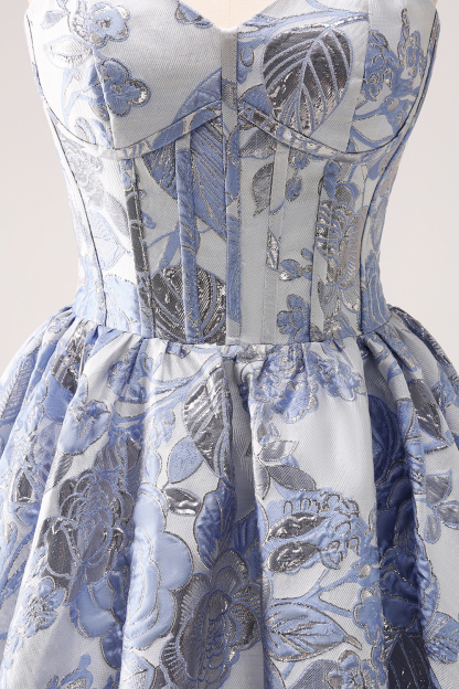 Blue Strapless Corset A-Line Floral Homecoming Dress