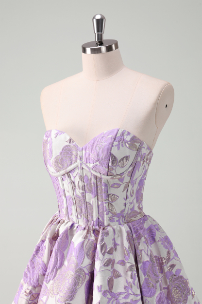 Blue Strapless Corset A-Line Floral Homecoming Dress