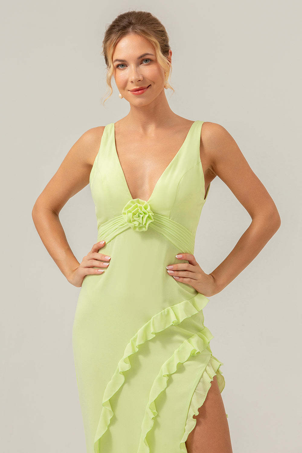 Lime V Neck Ruffled Sheath Bridesmaid Dress with Slit