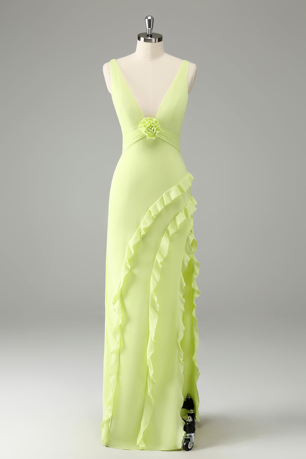 Lime V Neck Ruffled Sheath Bridesmaid Dress with Slit