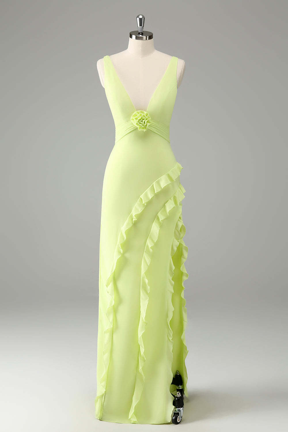 Lime V Neck Ruffled Sheath Bridesmaid Dress with Slit