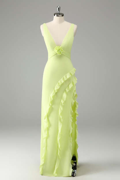 Lime V Neck Ruffled Sheath Bridesmaid Dress with Slit