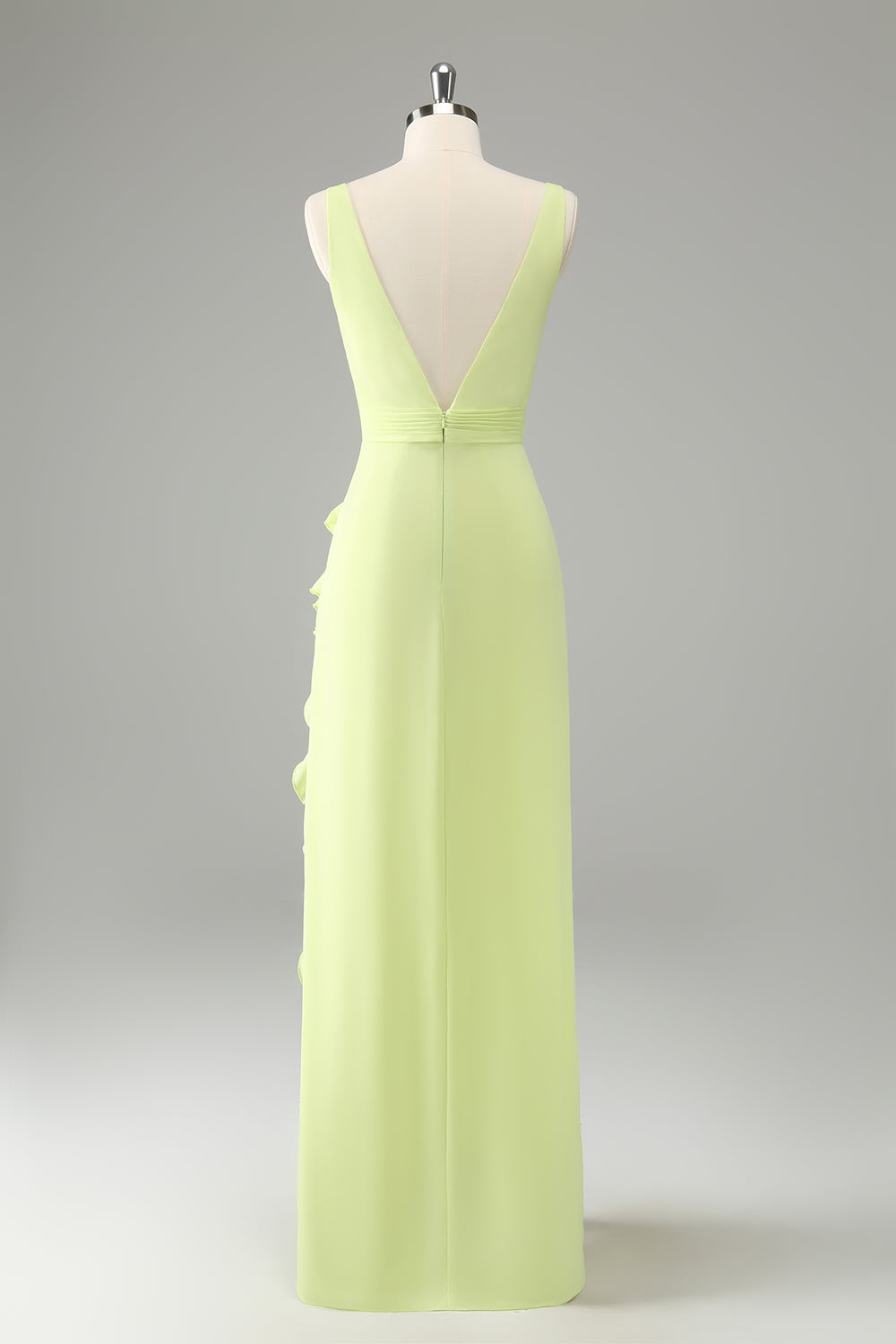 Lime V Neck Ruffled Sheath Bridesmaid Dress with Slit