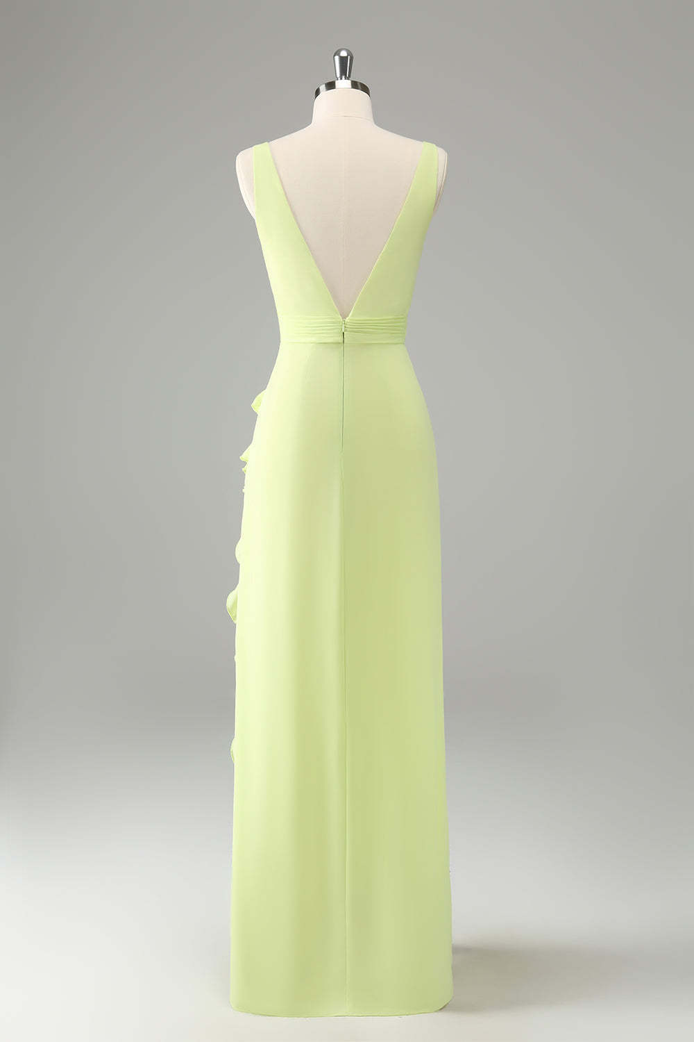 Lime V Neck Ruffled Sheath Bridesmaid Dress with Slit