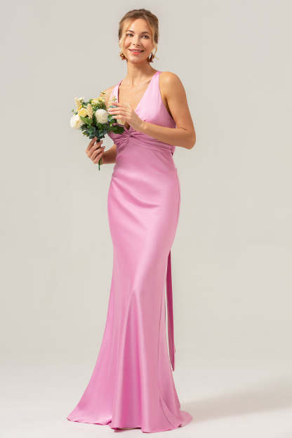 Pink Frront Twist Mermaid V Neck Satin Bridesmaid Dress