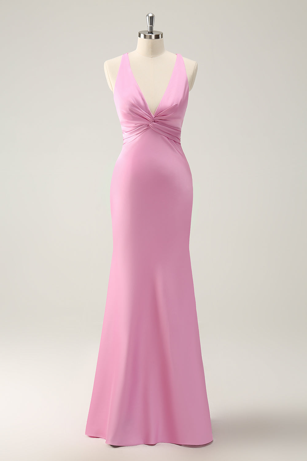 Pink Frront Twist Mermaid V Neck Satin Bridesmaid Dress