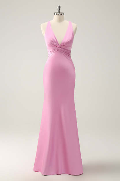 Pink Frront Twist Mermaid V Neck Satin Bridesmaid Dress