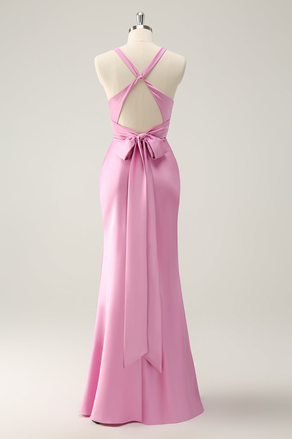 Pink Frront Twist Mermaid V Neck Satin Bridesmaid Dress