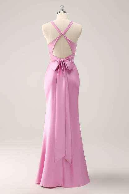 Pink Frront Twist Mermaid V Neck Satin Bridesmaid Dress