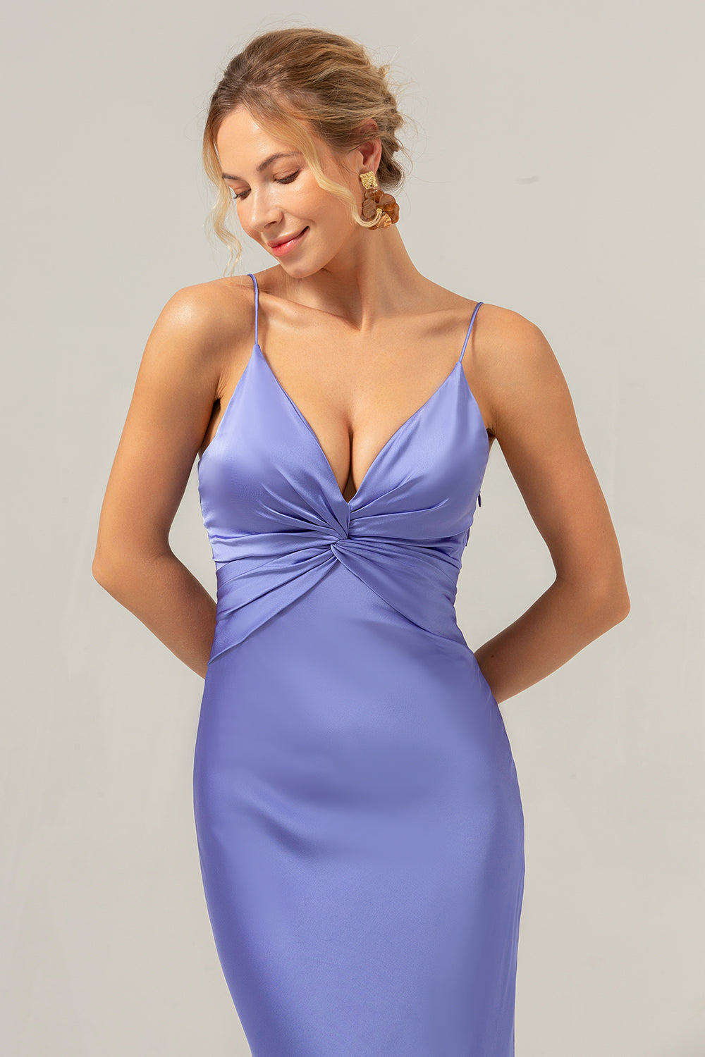 Purple Spaghetti Straps Twist Front Satin Mermaid Bridesmaid Dress